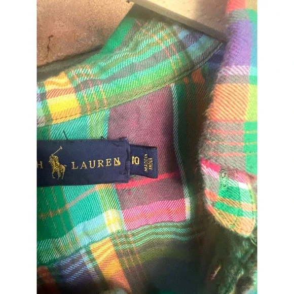 Ralph Lauren Tomboy Preppy Plaid Button Up Lite Flannel 10 Pink Green - Picture 5 of 7